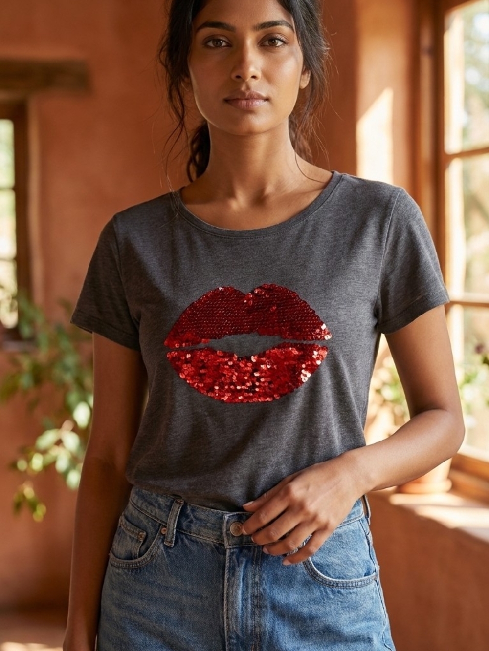 Women’s Charcoal Gray Tee with Red Sequin Lip Graphic